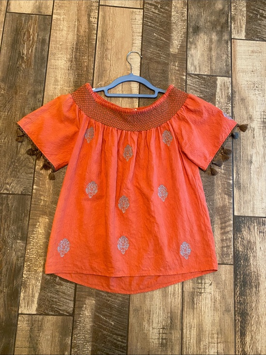 THML Tops - THML Orange Smocked-Neck Tassel Sleeve Blouse